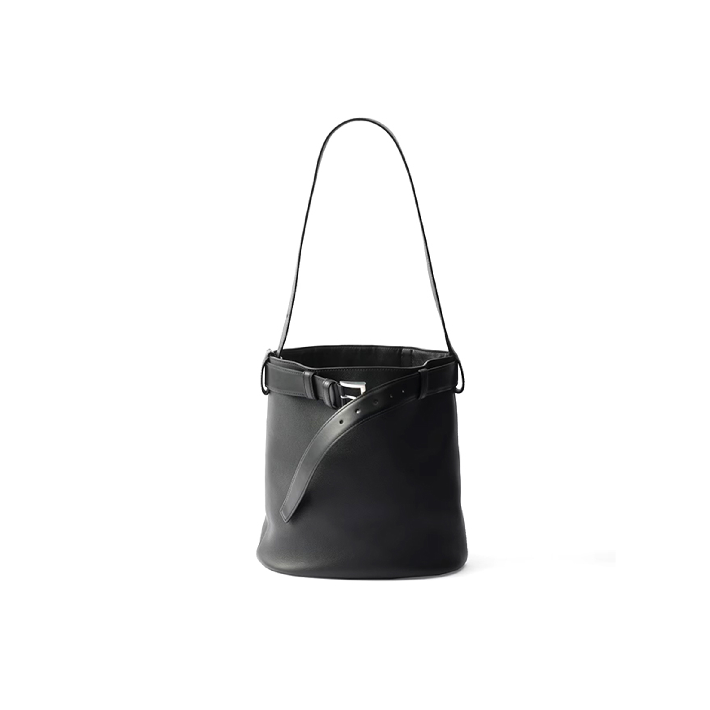 PRADA BUCKLE LEATHER BUCKET BAG WITH BELT 1BE085 (29*26.5*18cm) PRADA BUCKLE LEATHER BUCKET BAG WITH BELT 1BE085 (29*26.5*18cm)